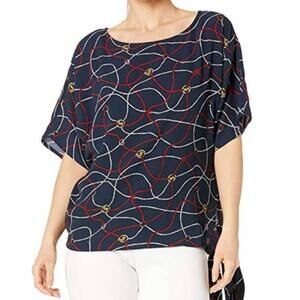 MICHAEL KORS Tie Top Blouse Sailor Printed Women M Navy MK Logo Short Sleeve